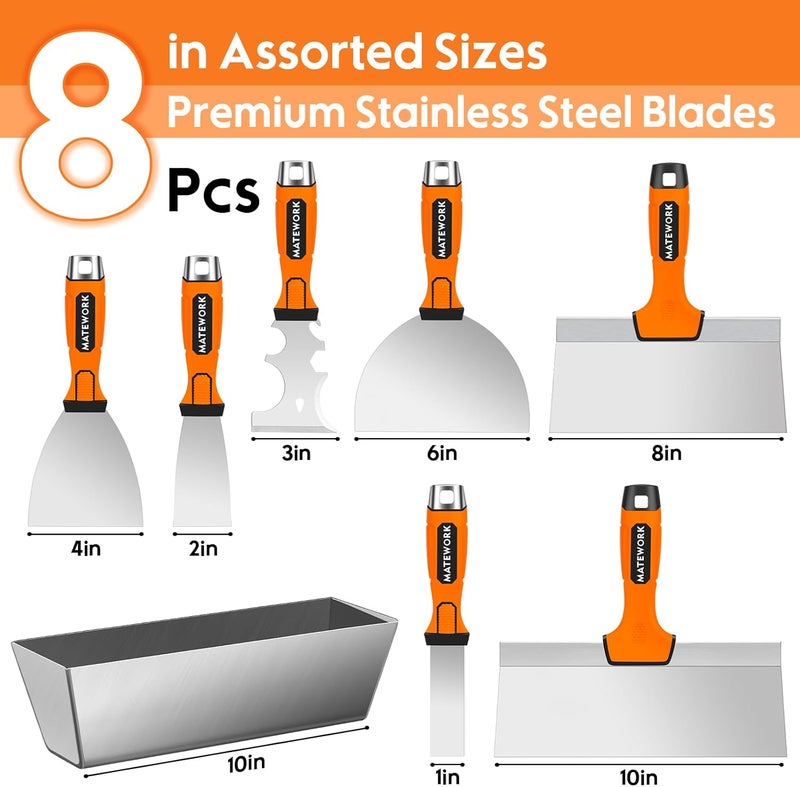 Matework Drywall Tools, 8Pcs High Quality Stainless Steel Drywall Knife Set, Putty Knives with Mud Pan, Ergonomic Grip Tapping Knife with Hammer End for Wall Work - Image 2